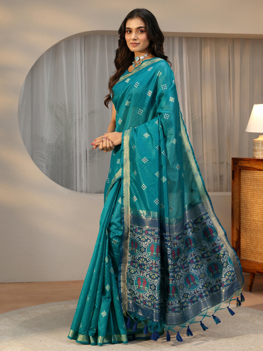 Libas Teal Blue Woven Design Silk Blend Saree