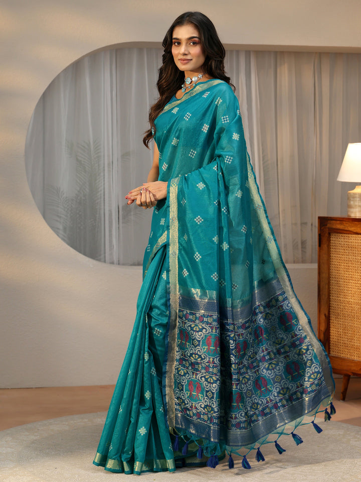 Libas Teal Blue Woven Design Silk Blend Saree