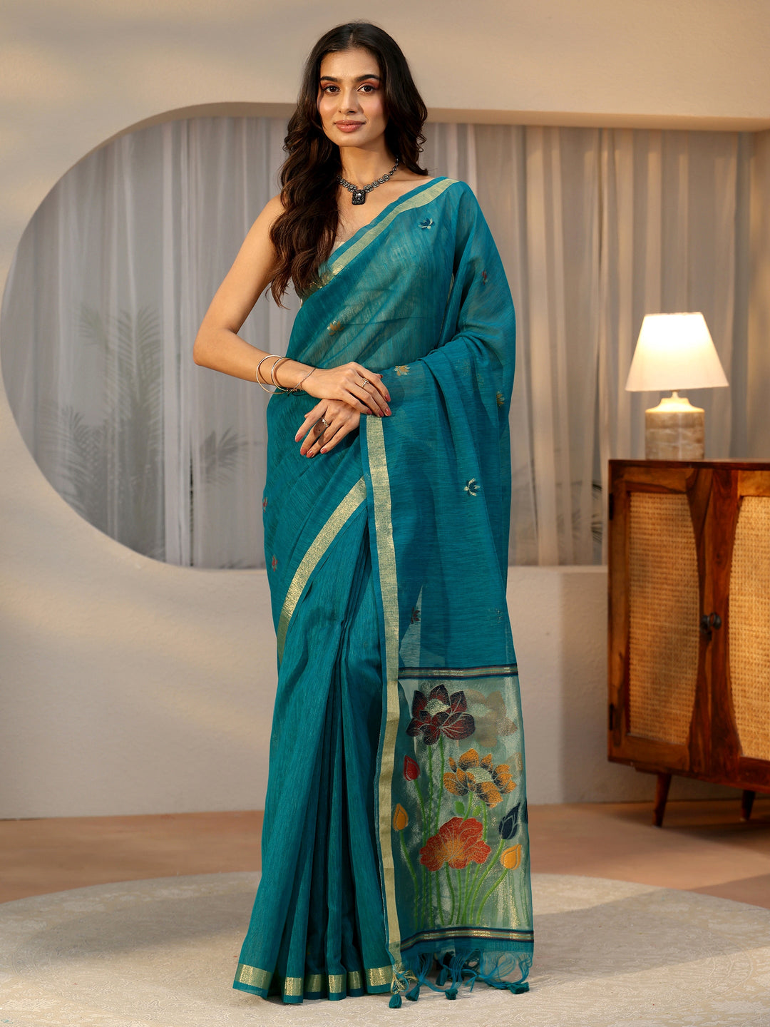 Libas Teal Blue Woven Design Floral Pallu Silk Blend Saree