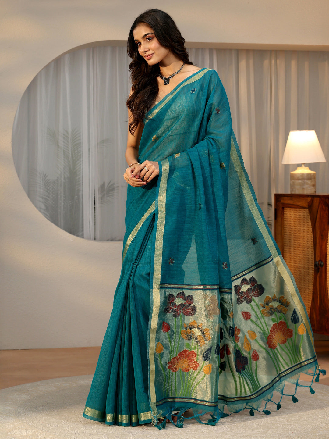 Libas Teal Blue Woven Design Floral Pallu Silk Blend Saree