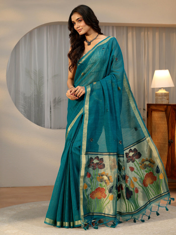 Libas Teal Blue Woven Design Floral Pallu Silk Blend Saree