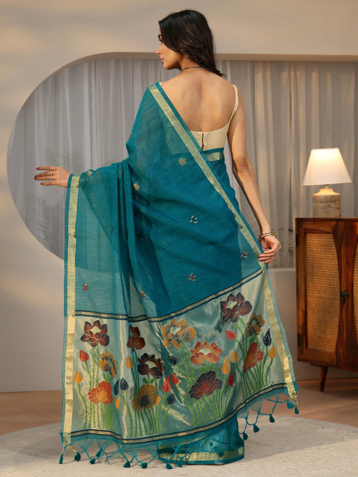 Libas Teal Blue Woven Design Floral Pallu Silk Blend Saree