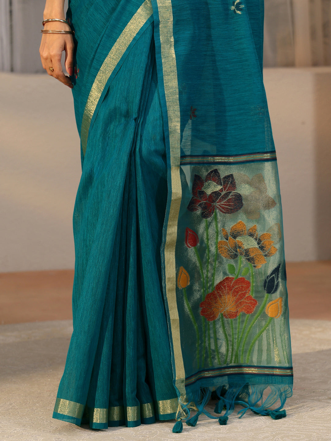 Libas Teal Blue Woven Design Floral Pallu Silk Blend Saree