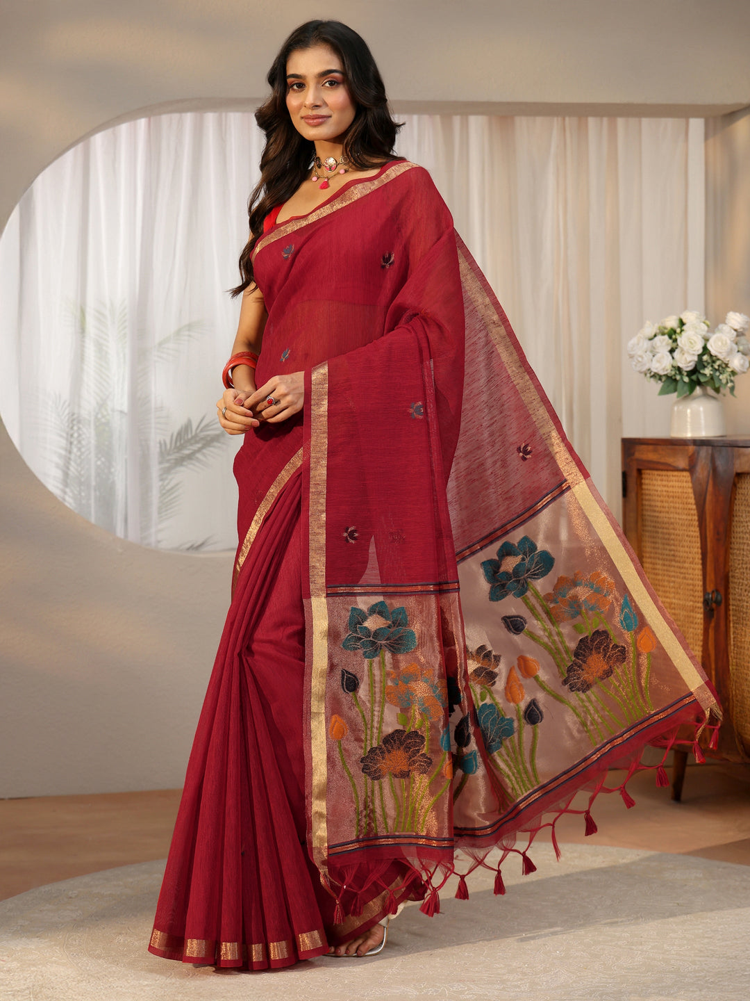 Libas Crimson Red Woven Design Floral Pallu Silk Blend Saree