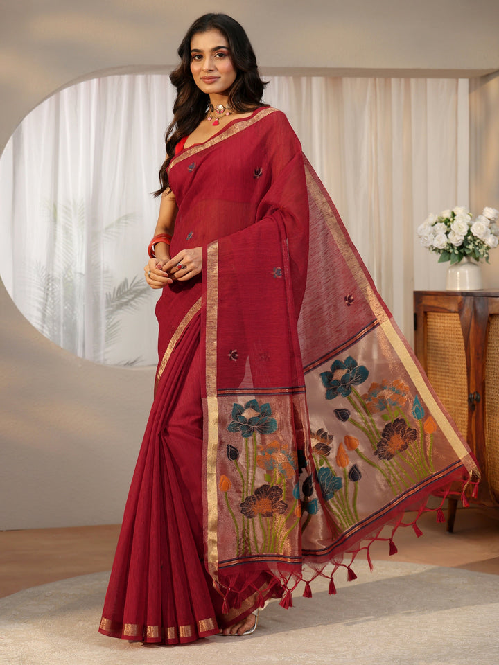 Libas Crimson Red Woven Design Floral Pallu Silk Blend Saree