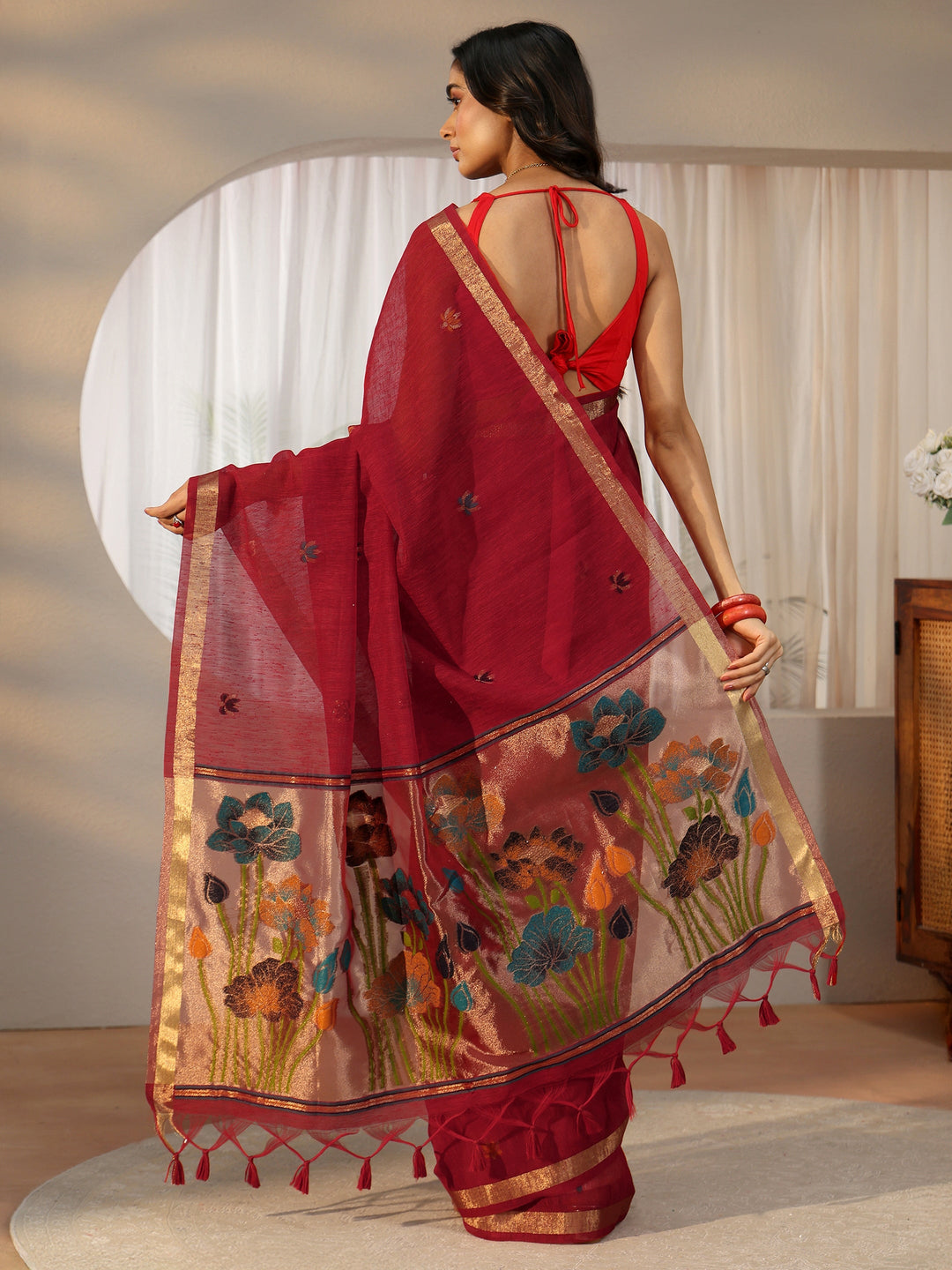 Libas Crimson Red Woven Design Floral Pallu Silk Blend Saree