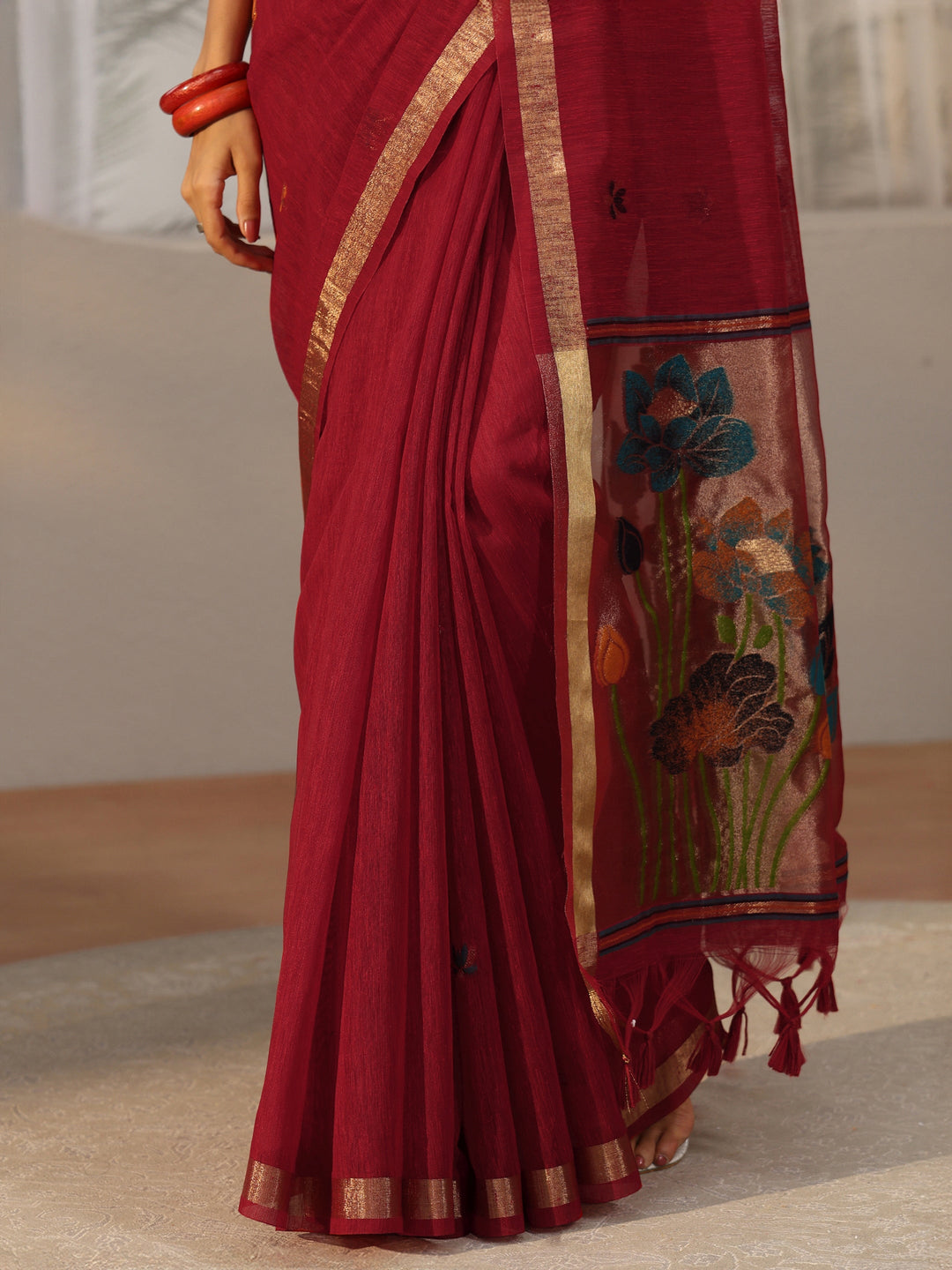 Libas Crimson Red Woven Design Floral Pallu Silk Blend Saree
