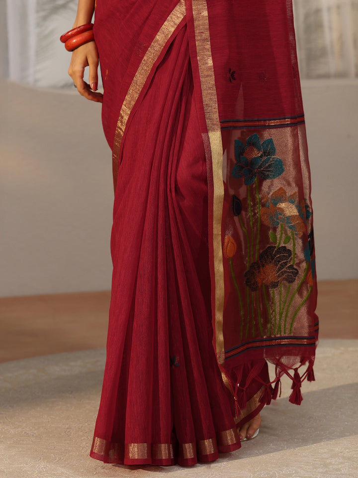Libas Crimson Red Woven Design Floral Pallu Silk Blend Saree