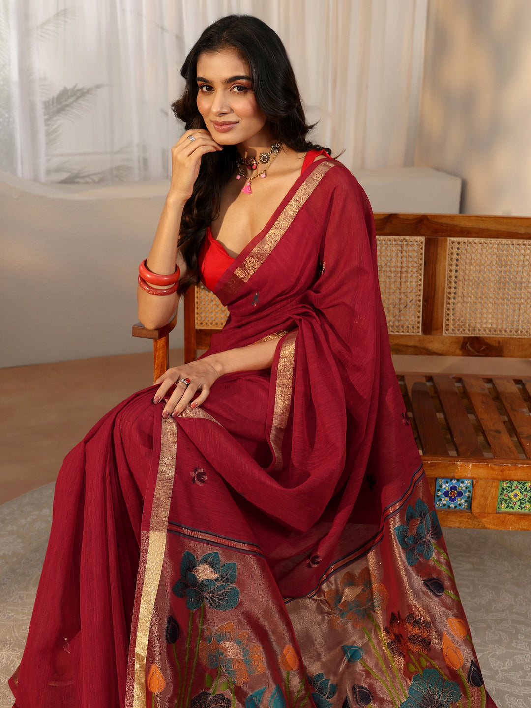 Libas Crimson Red Woven Design Floral Pallu Silk Blend Saree