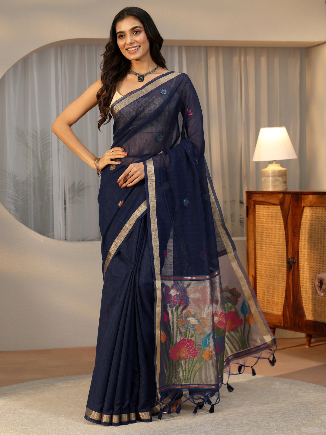 Libas Navy Blue Woven Design Floral Pallu Silk Blend Saree