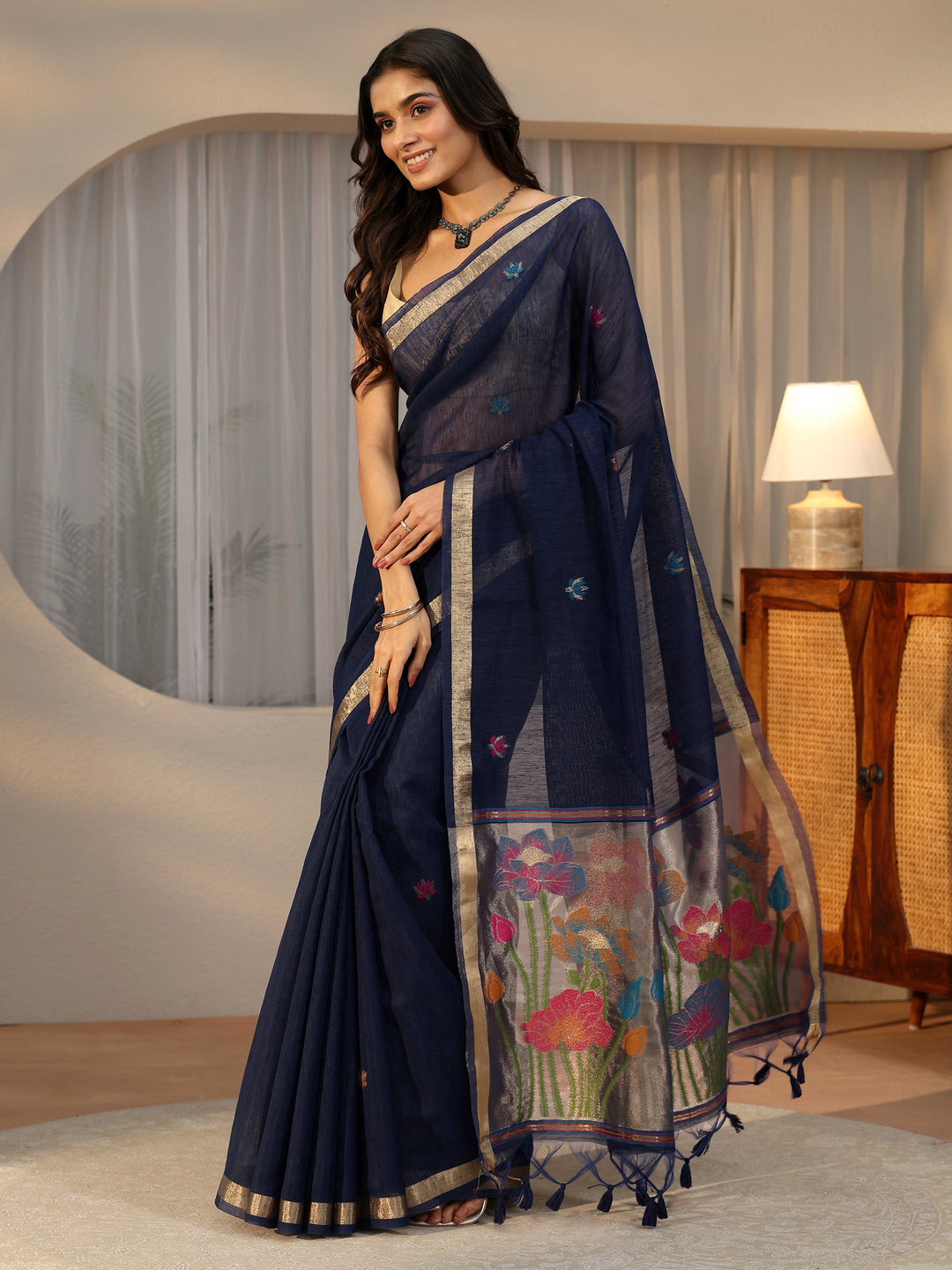 Libas Navy Blue Woven Design Floral Pallu Silk Blend Saree