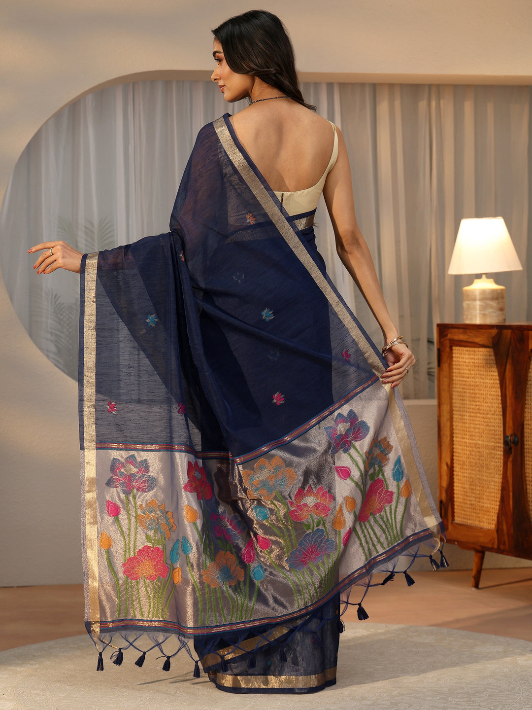 Libas Navy Blue Woven Design Floral Pallu Silk Blend Saree