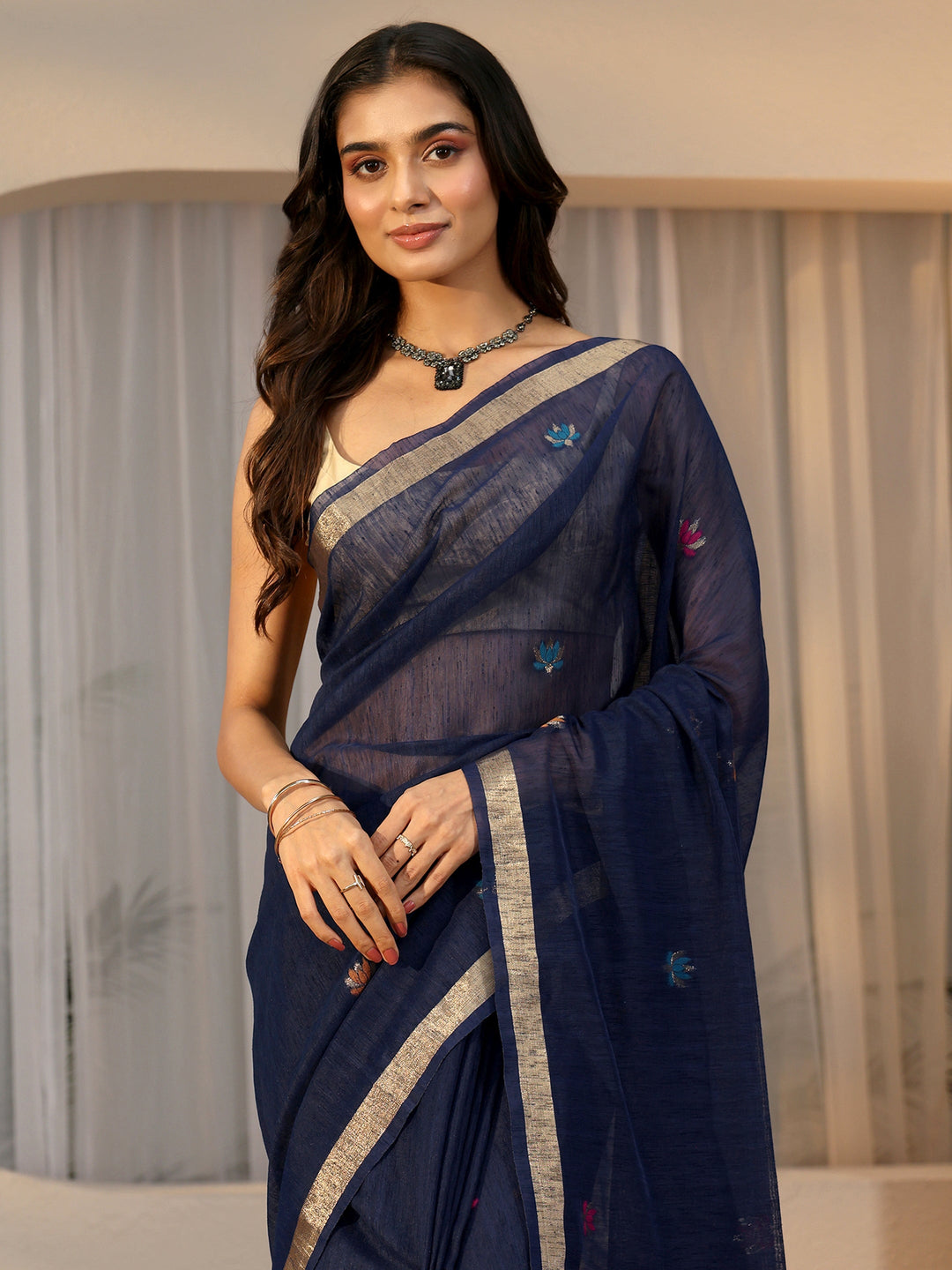 Libas Navy Blue Woven Design Floral Pallu Silk Blend Saree