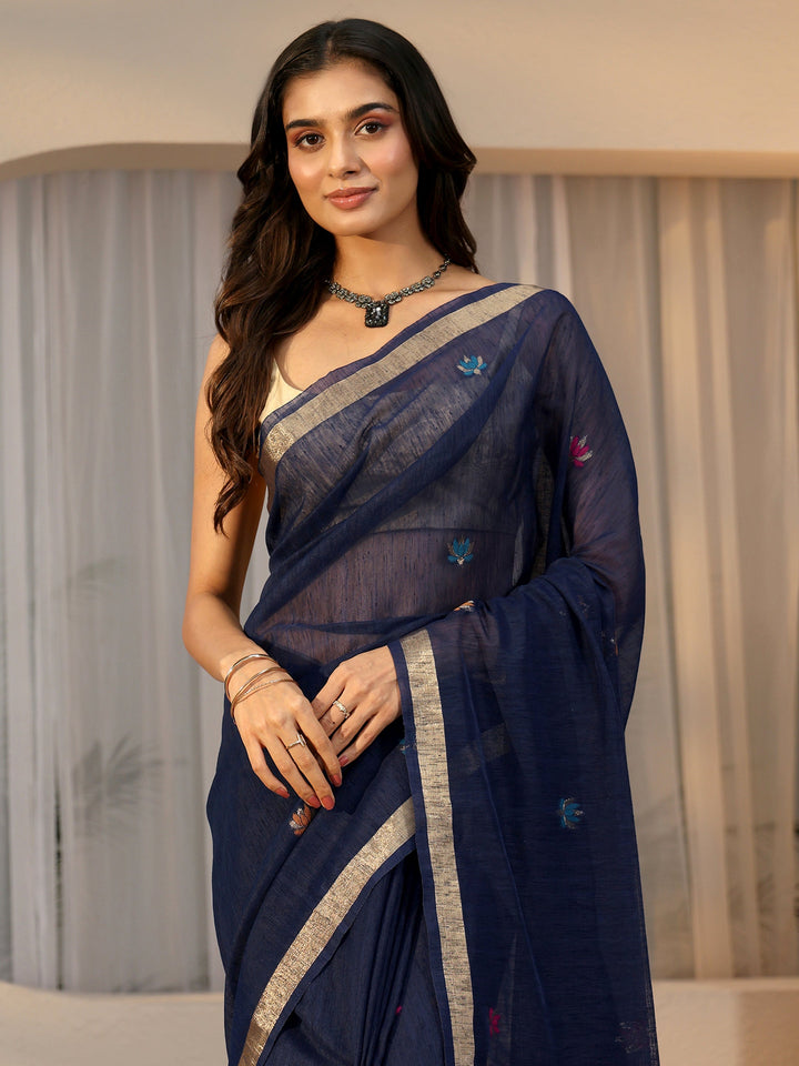 Libas Navy Blue Woven Design Floral Pallu Silk Blend Saree