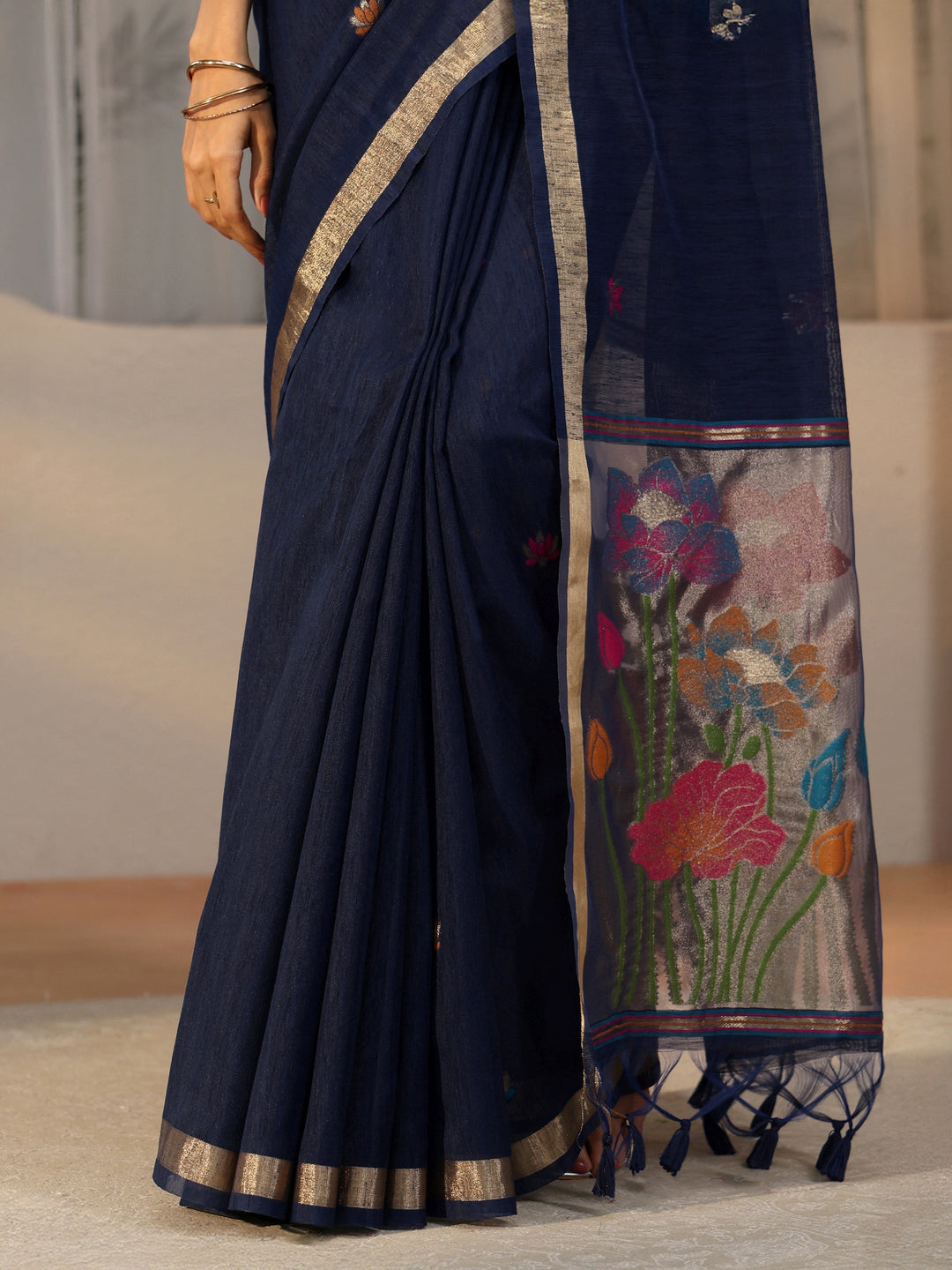 Libas Navy Blue Woven Design Floral Pallu Silk Blend Saree
