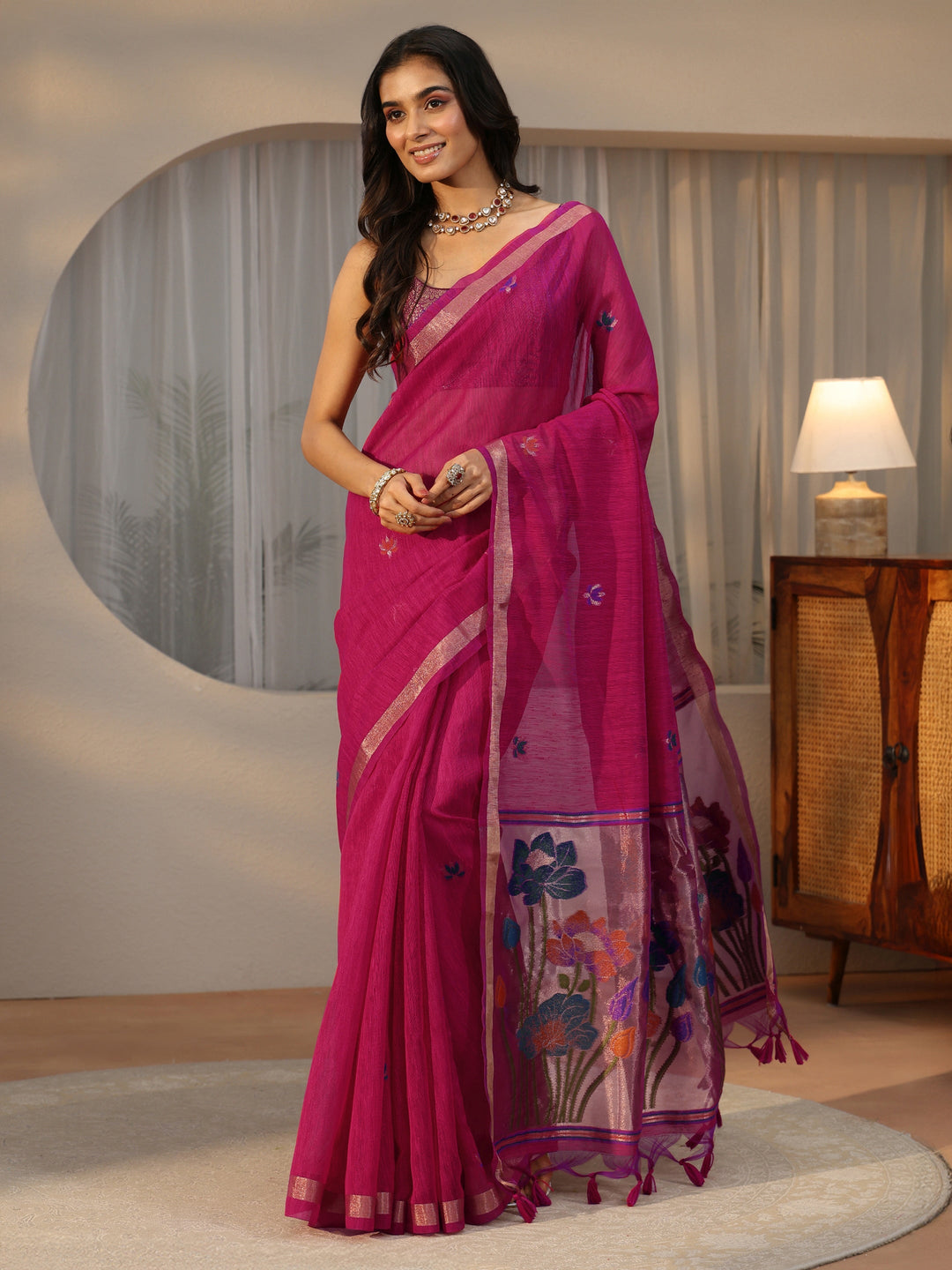 Libas Rani Pink Woven Design Floral Pallu Silk Blend Saree