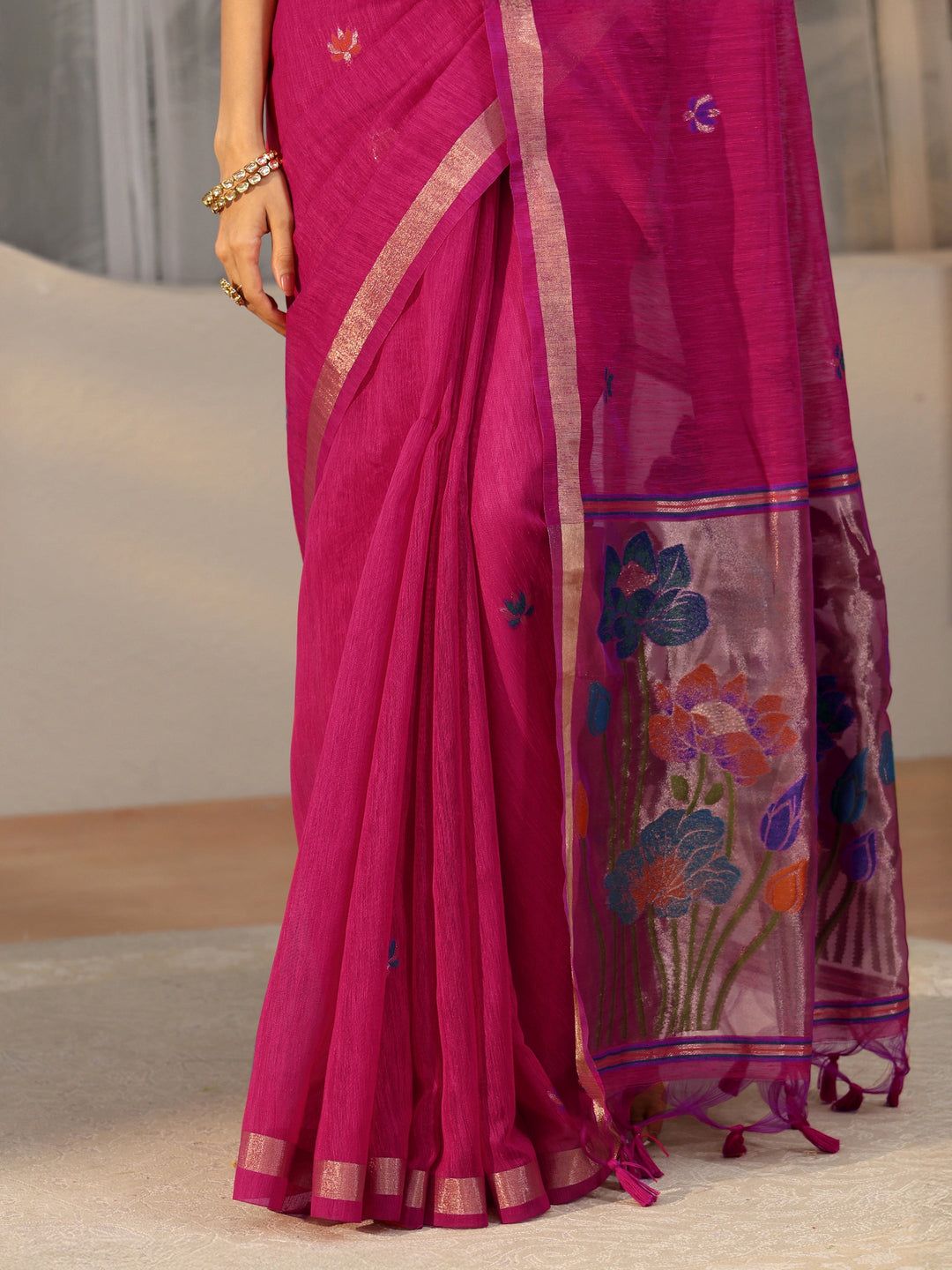 Libas Rani Pink Woven Design Floral Pallu Silk Blend Saree