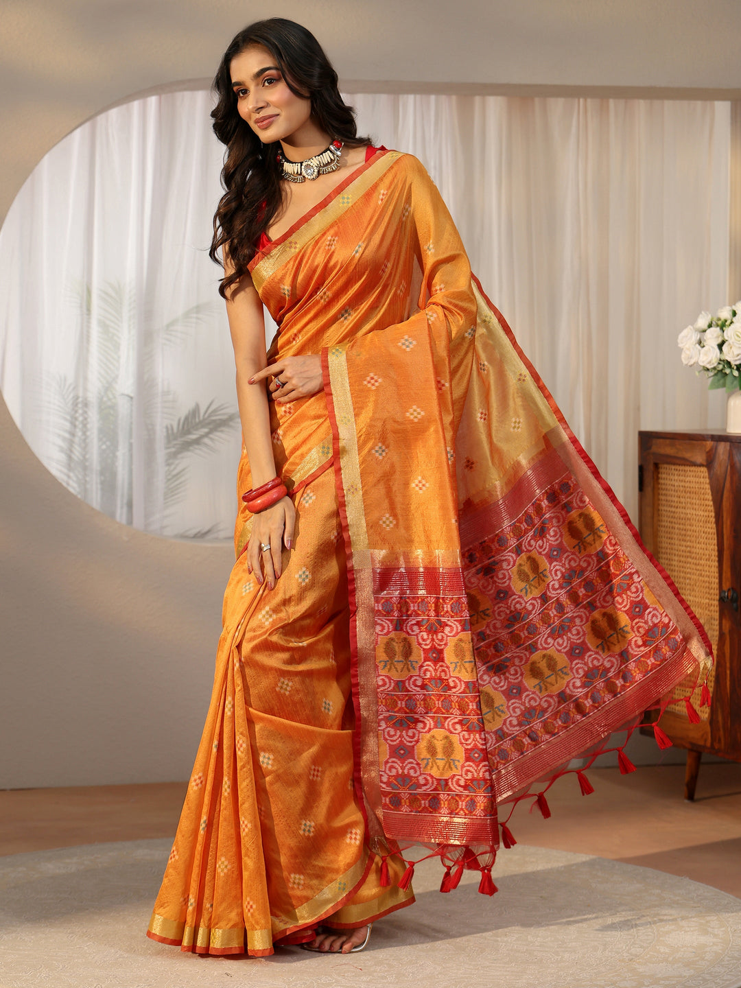 Libas Orange Woven Design Silk Blend Saree