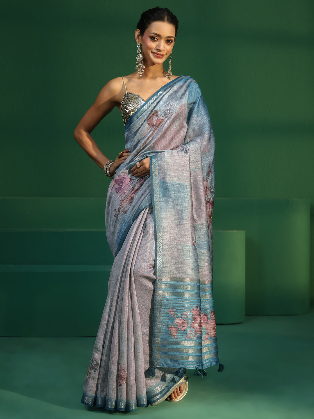 Libas Aqua Blue Floral Print Silk Blend Saree
