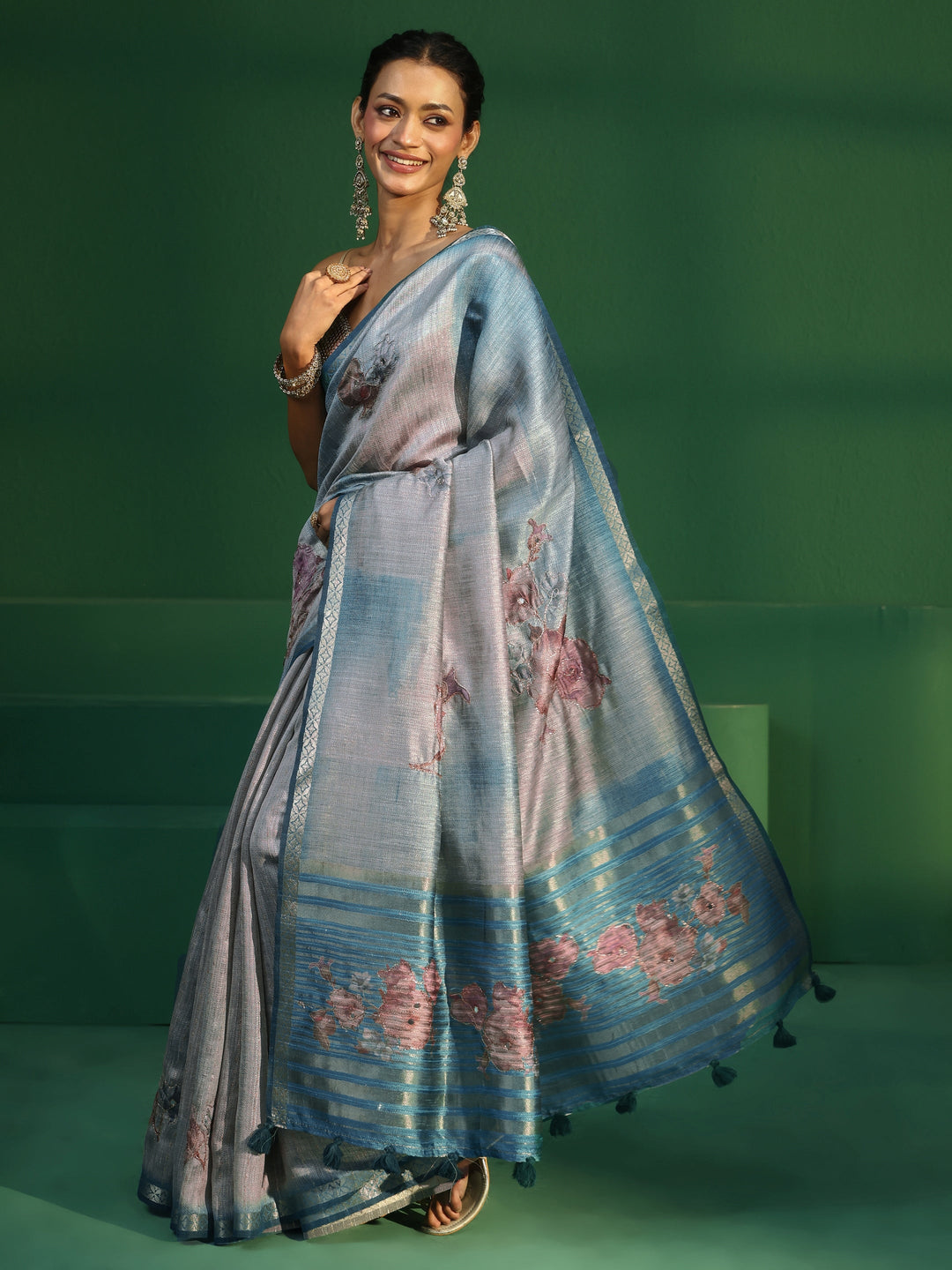 Libas Aqua Blue Floral Print Silk Blend Saree