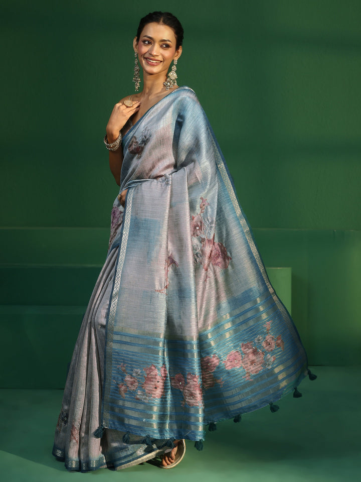 Libas Aqua Blue Floral Print Silk Blend Saree