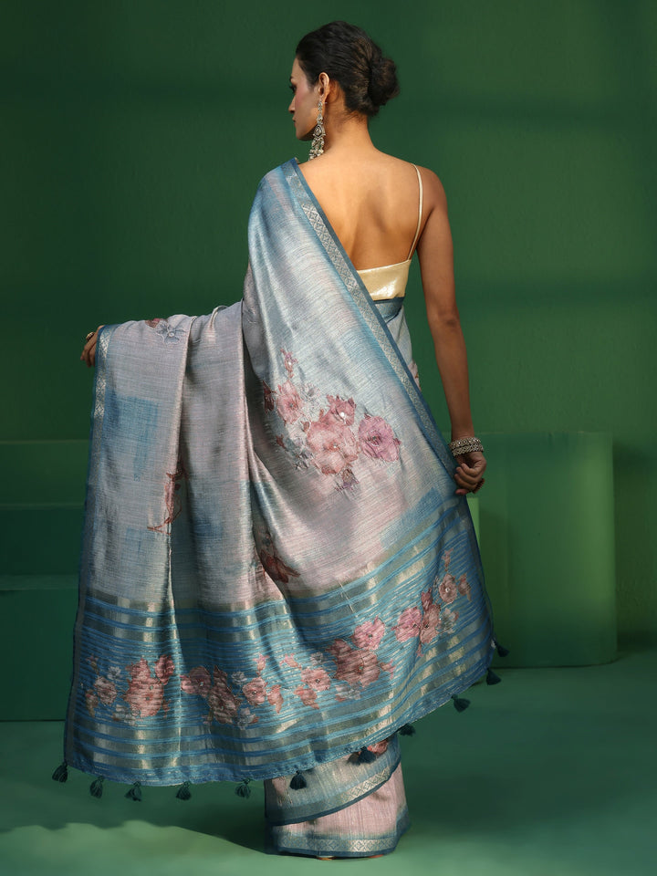 Libas Aqua Blue Floral Print Silk Blend Saree