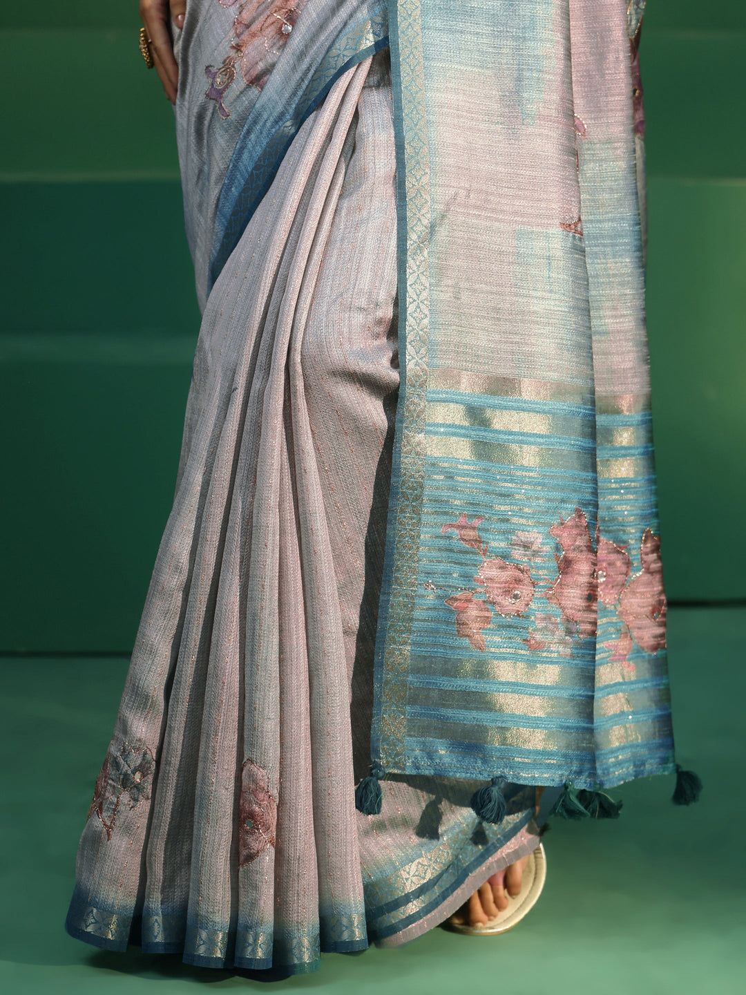 Libas Aqua Blue Floral Print Silk Blend Saree