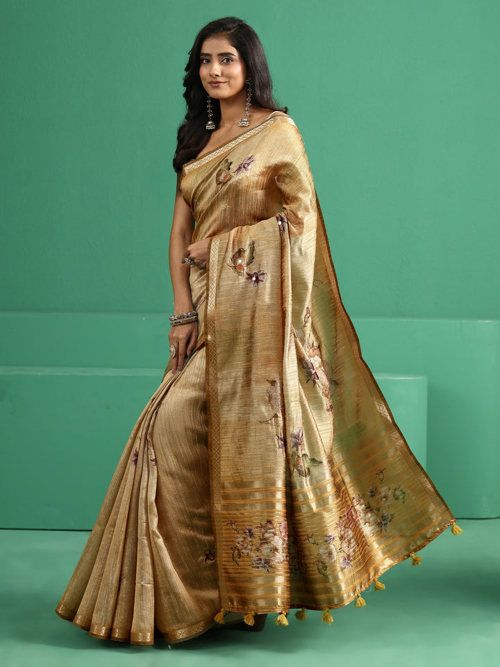 Libas Mustard Floral Print Silk Blend Saree
