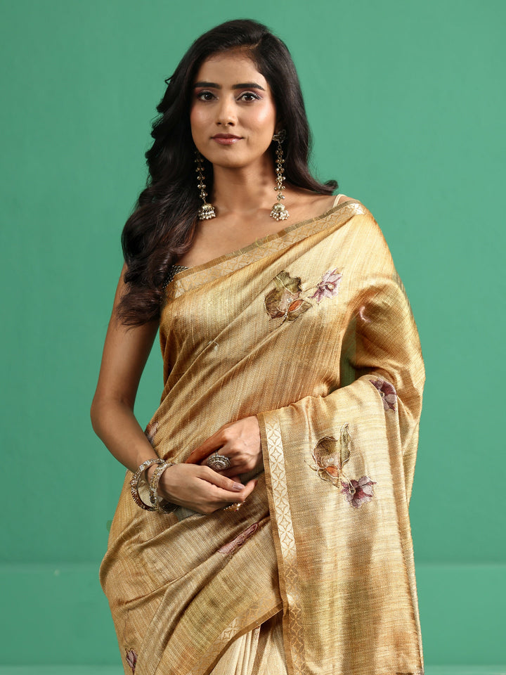 Libas Mustard Floral Print Silk Blend Saree