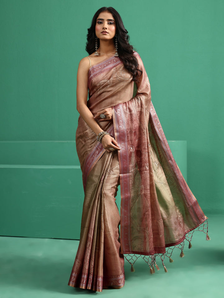 Libas Beige Floral Printed Silk Blend Saree
