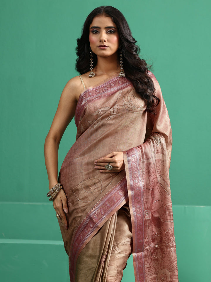 Libas Beige Floral Printed Silk Blend Saree
