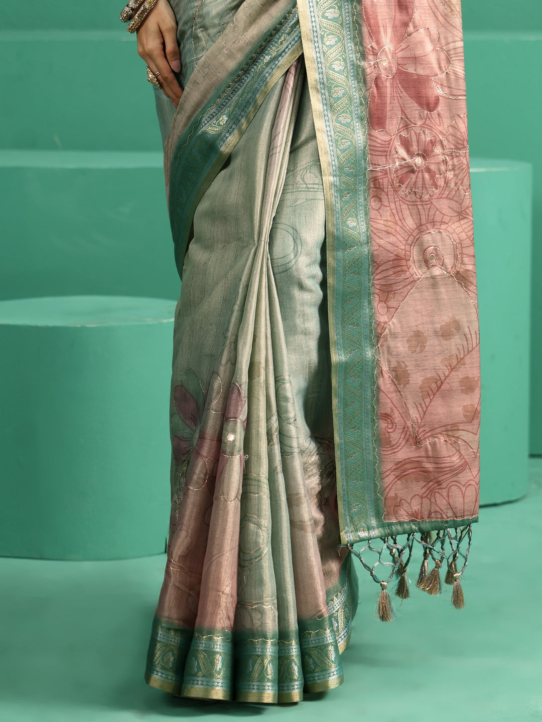 Libas Mist Green Floral Printed Silk Blend Saree
