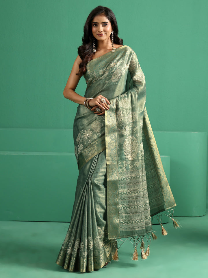 Libas Sage Green Pichwai Tree Print Silk Blend Saree
