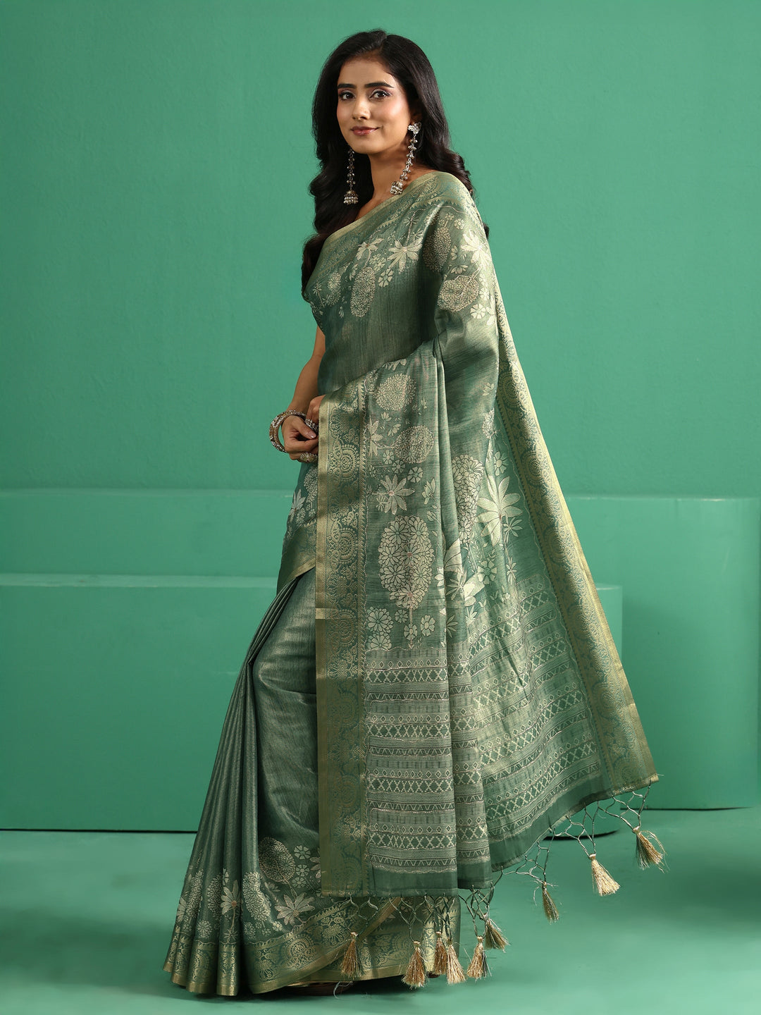 Libas Sage Green Pichwai Tree Print Silk Blend Saree