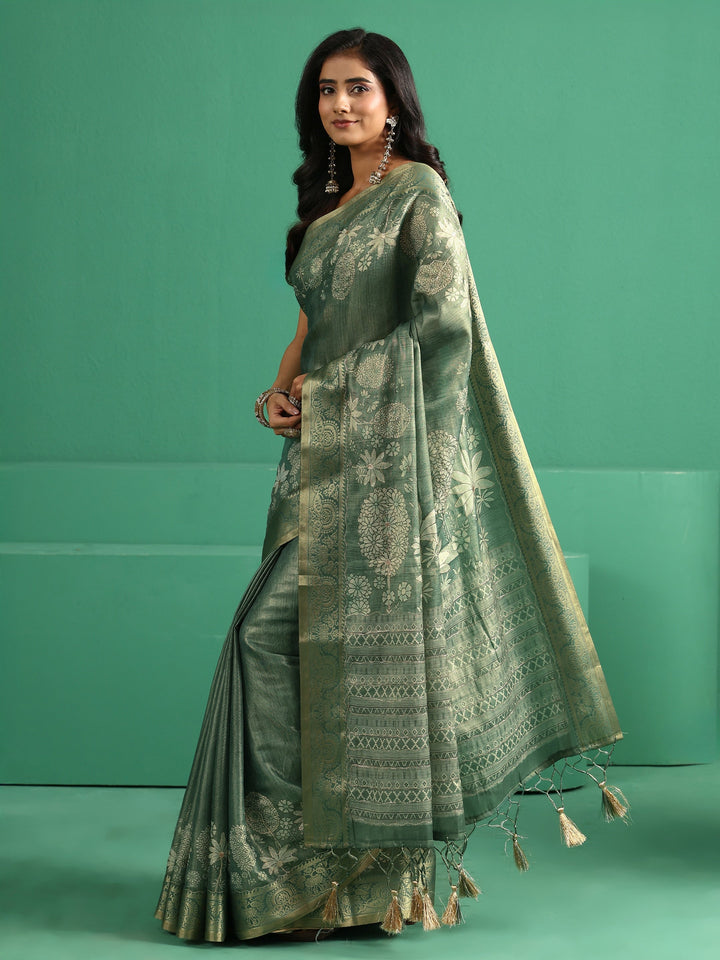 Libas Sage Green Pichwai Tree Print Silk Blend Saree
