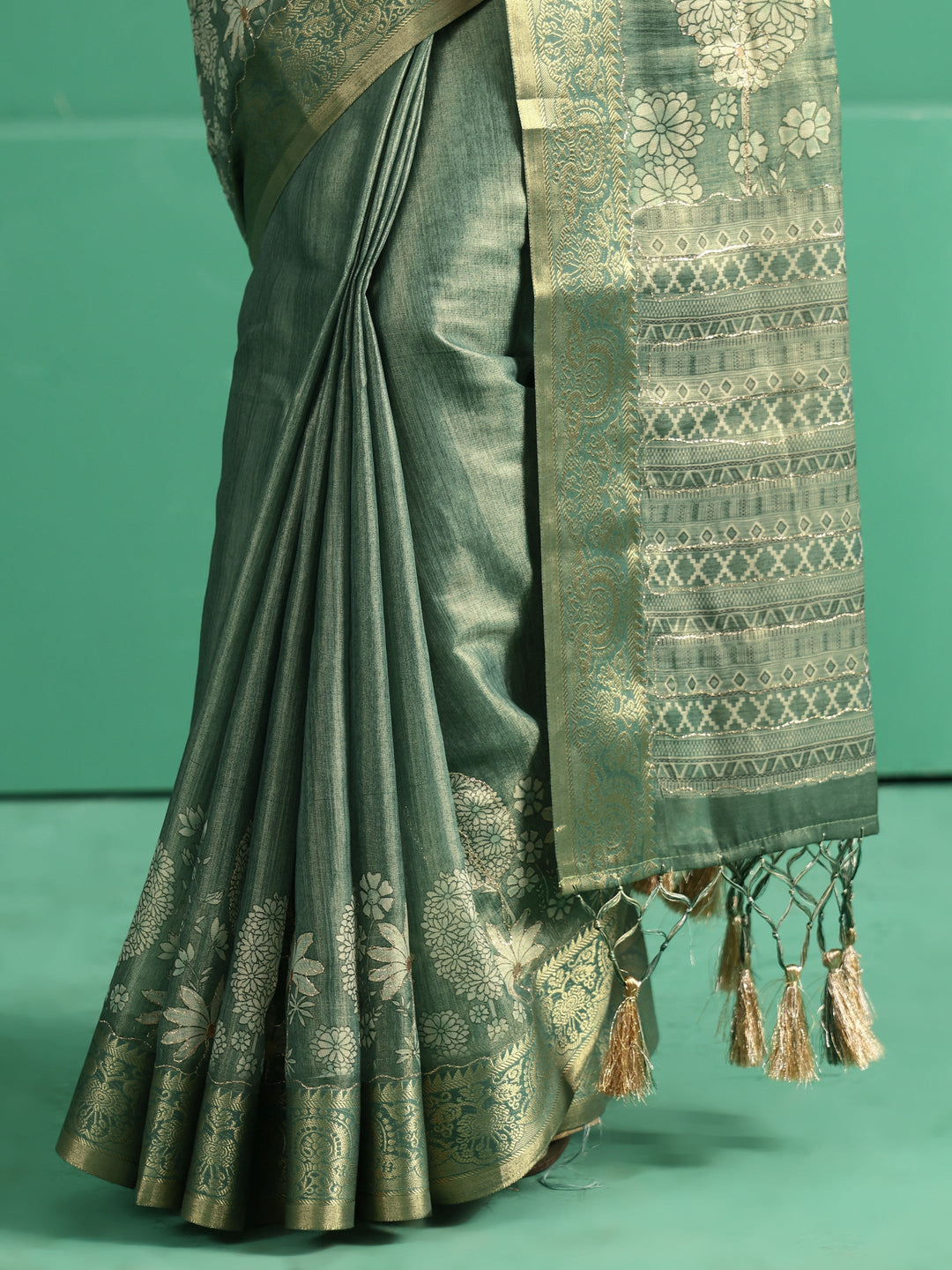 Libas Sage Green Pichwai Tree Print Silk Blend Saree