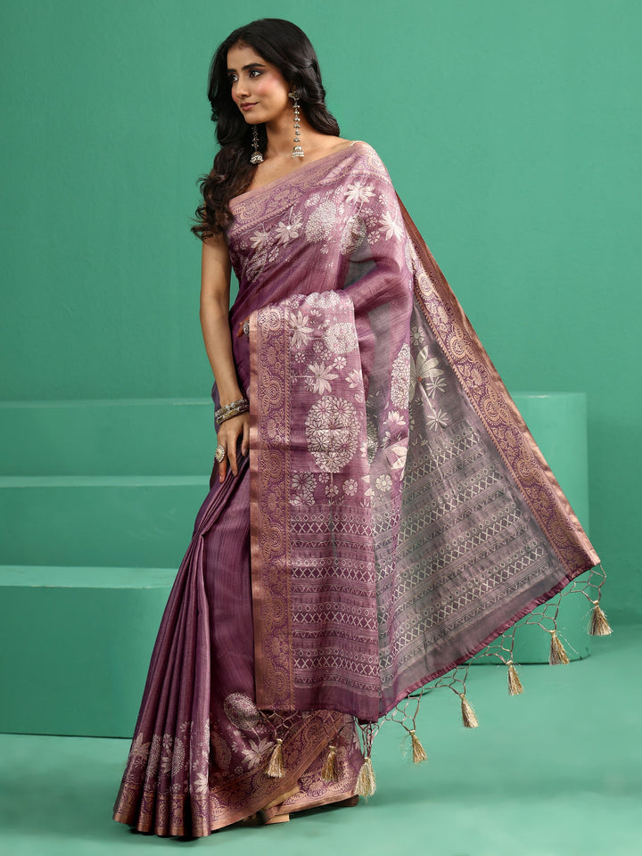 Libas Lavender Pichwai Tree Print Silk Blend Saree