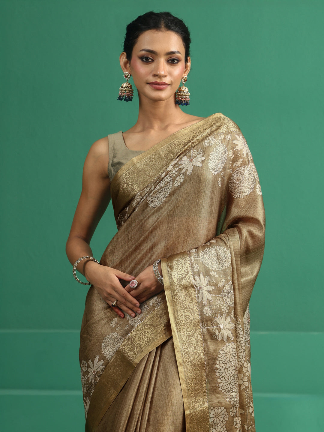 Libas Olive Green Pichwai Tree Print Silk Blend Saree