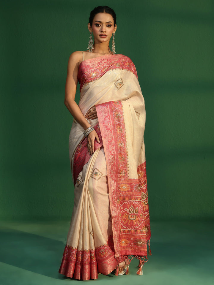 Libas Cream Silk Blend Saree with Patola Border