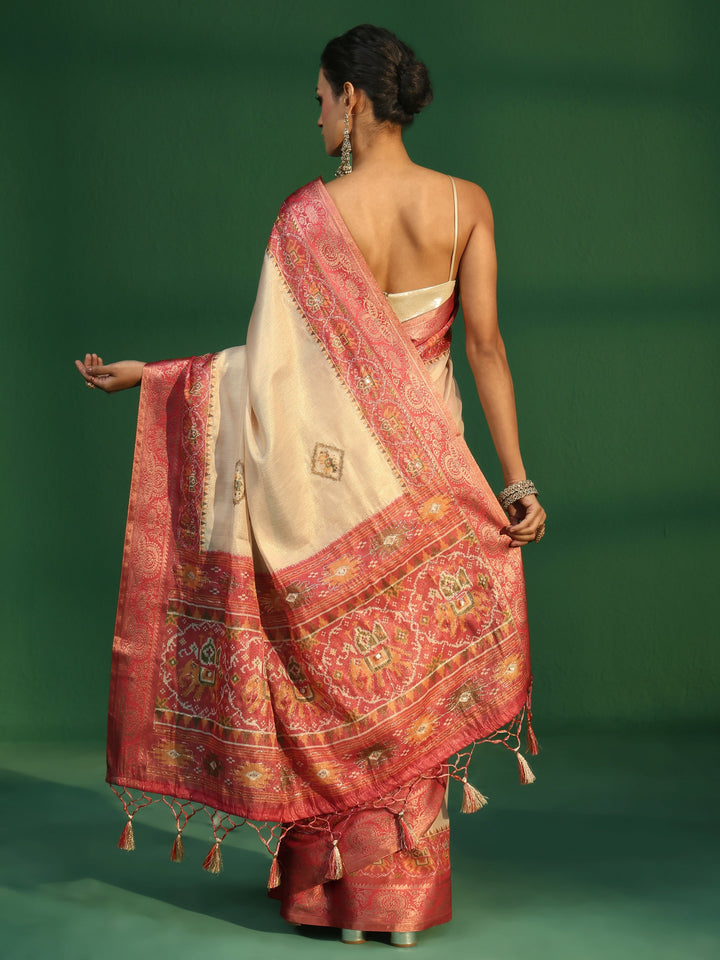 Libas Cream Silk Blend Saree with Patola Border