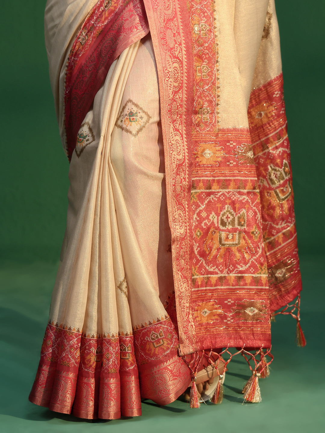 Libas Cream Silk Blend Saree with Patola Border