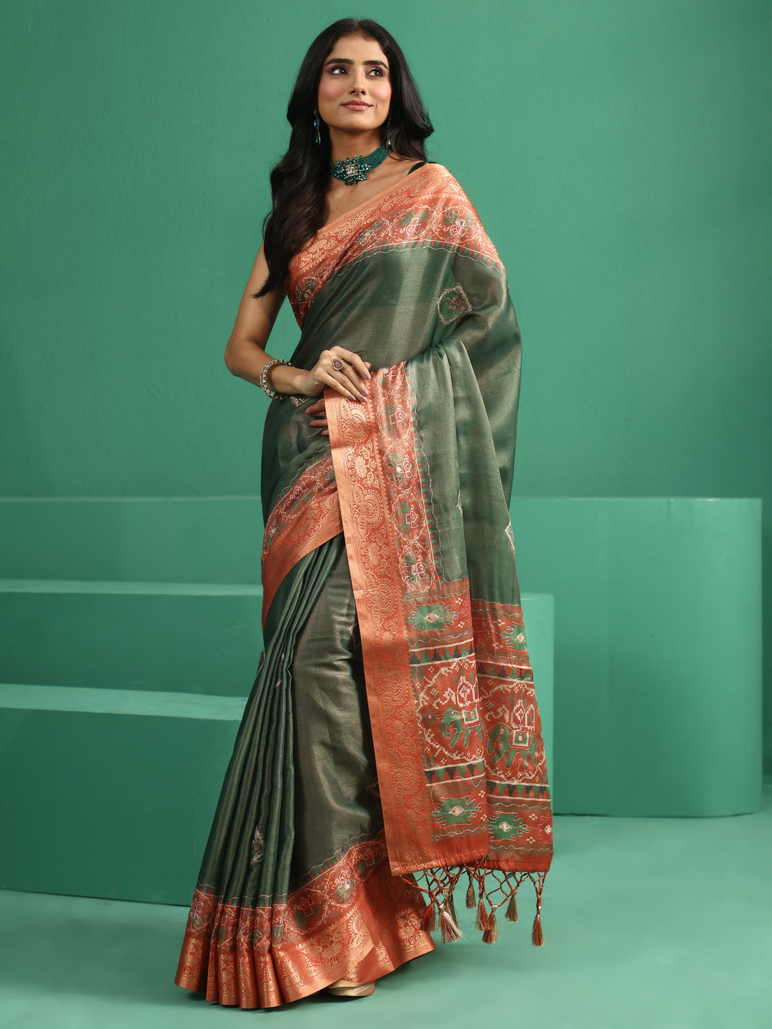 Libas Forest Green Silk Blend Saree with Patola Border