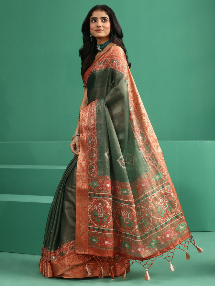 Libas Forest Green Silk Blend Saree with Patola Border