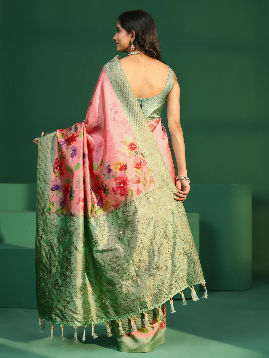 Libas Pink Floral Print Silk Blend Saree with Embellished Border
