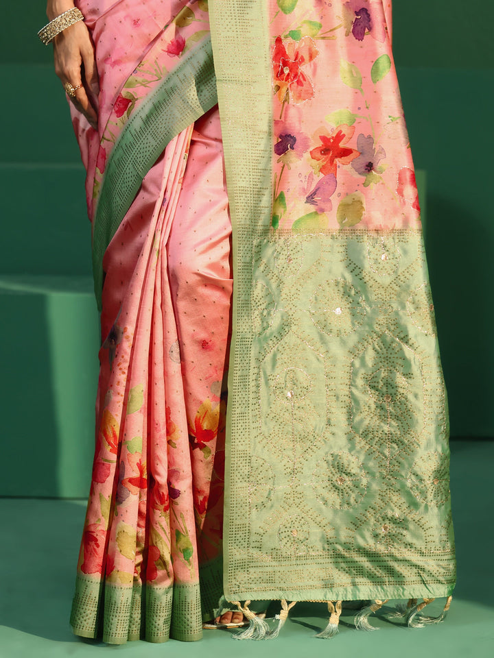 Libas Pink Floral Print Silk Blend Saree with Embellished Border
