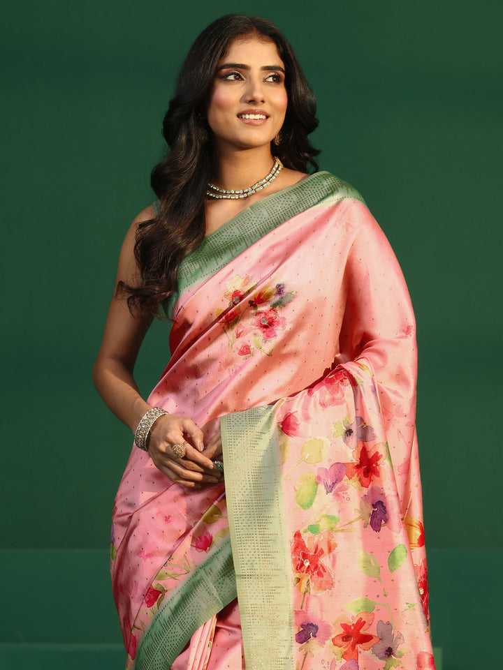 Libas Pink Floral Print Silk Blend Saree with Embellished Border
