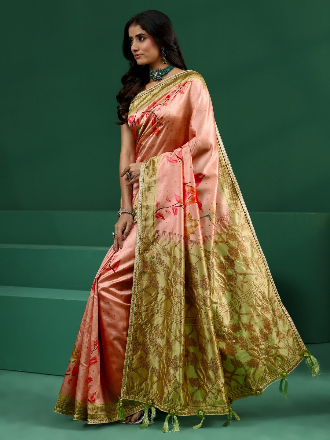 Libas Peach Floral Print Silk Blend Saree with Embellished Border
