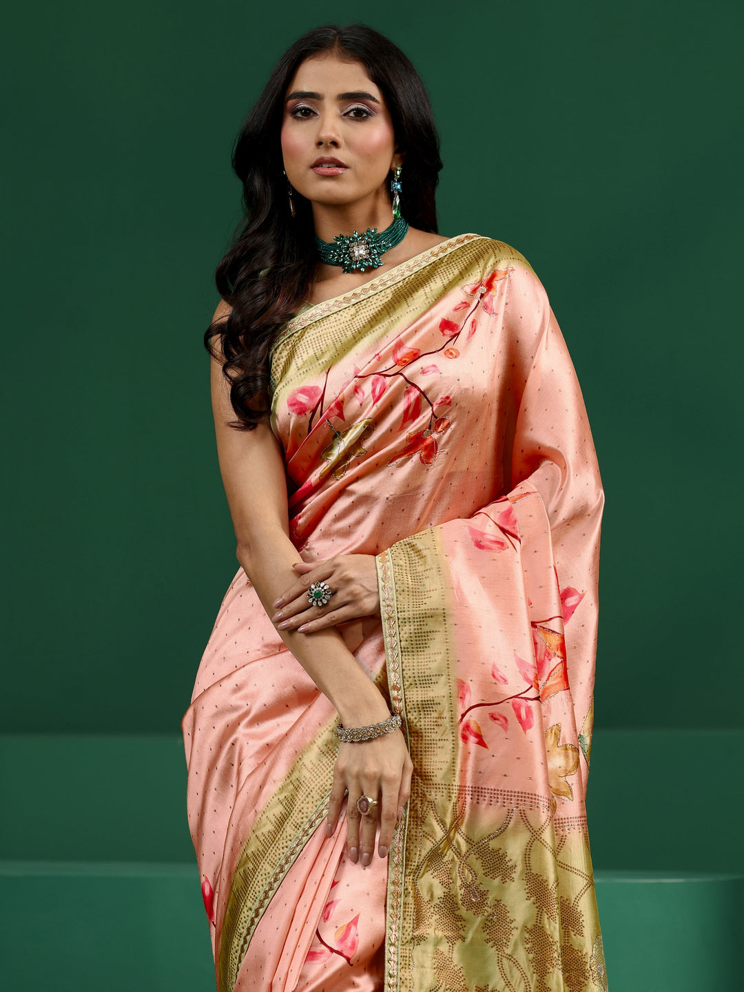 Libas Peach Floral Print Silk Blend Saree with Embellished Border