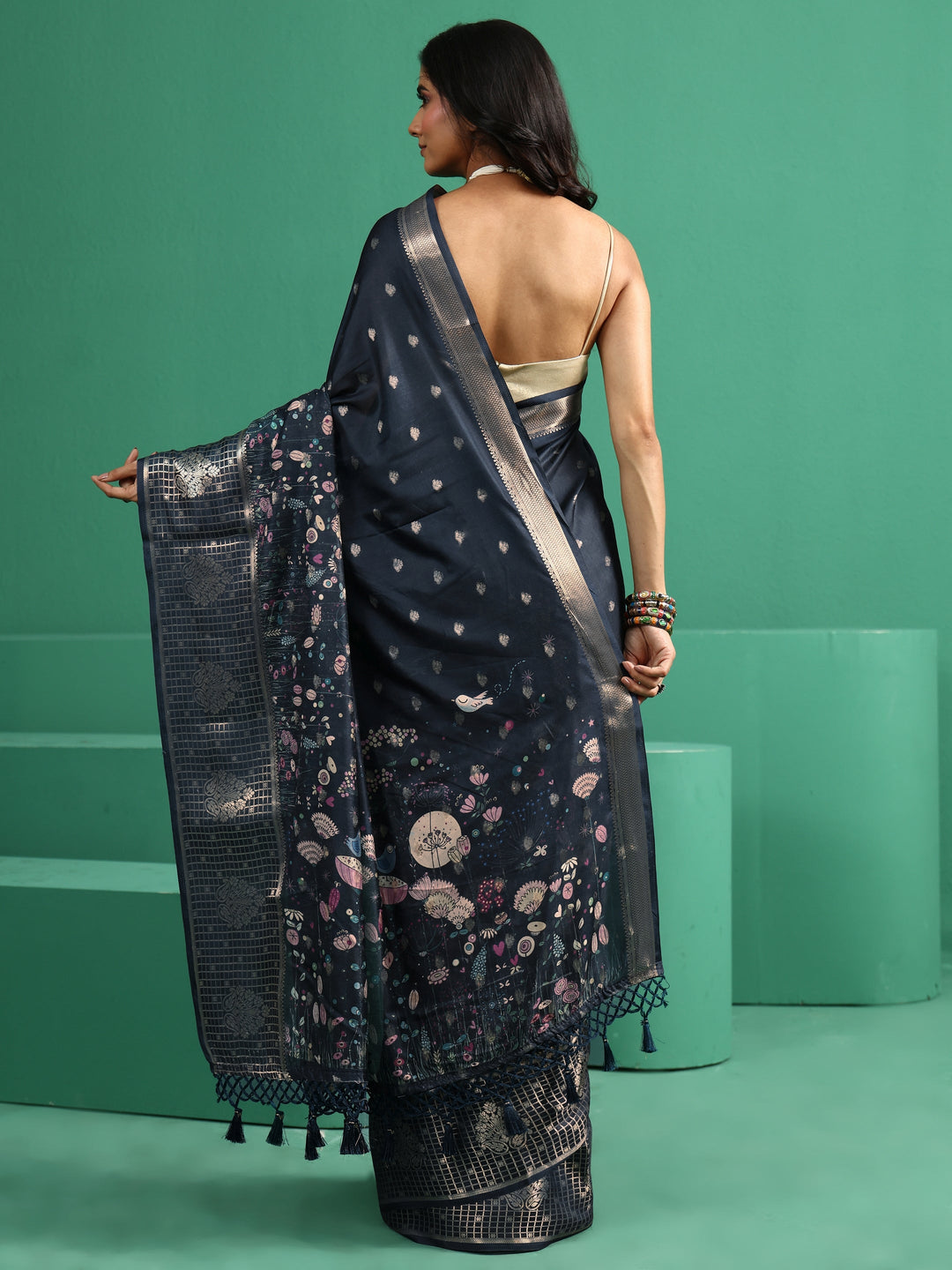 Libas Midnight Blue Printed Silk Blend with Woven Design Border