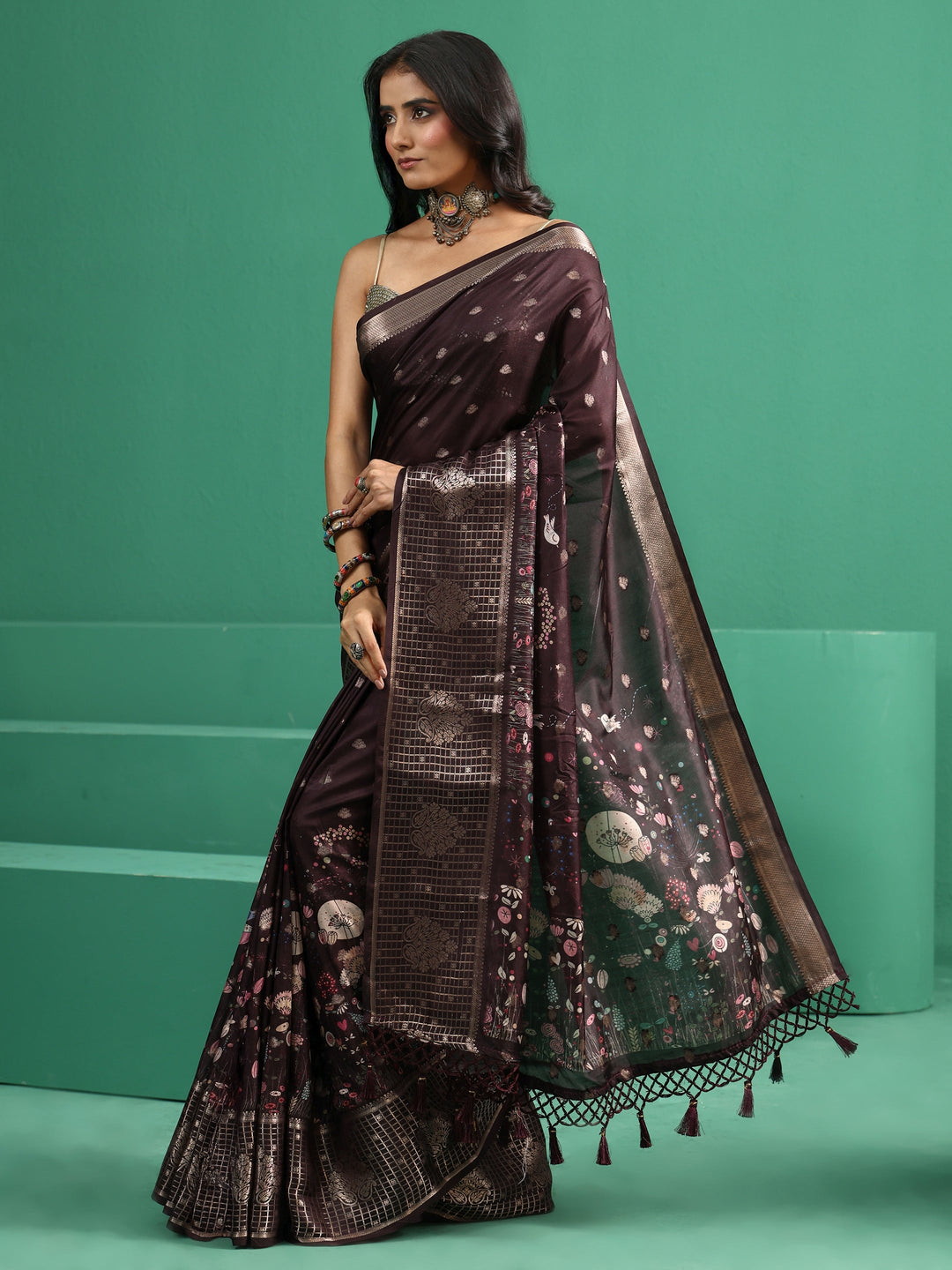 Libas Brown Printed Silk Blend with Woven Design Border